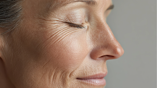 Woman with closed eyes and facial wrinkles, symbolizing effective non-surgical wrinkle reduction options.