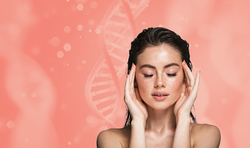 Close-up 3D rendering of DNA strands representing regenerative skincare science